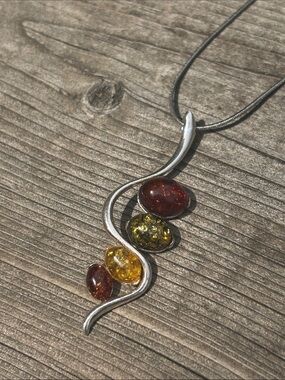 Sterling Silver Amber Drop Necklace in Red and Amber